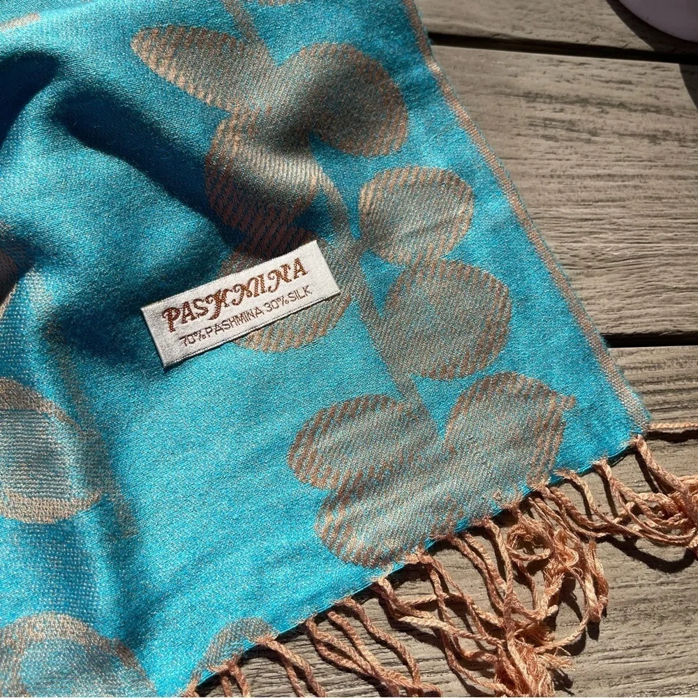 Pashmina Teal & Golden Tan Floral Scarf Wrap NWOT